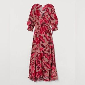 Johanna Ortiz x H&M Crêped Wrap-Front Dress – Red & Beige Leaf Print – Medium